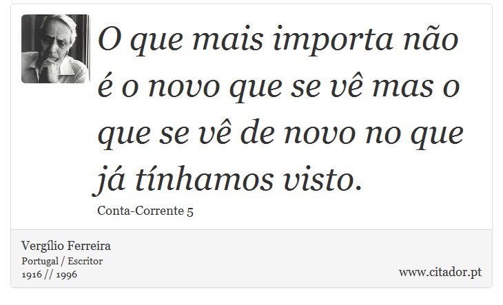 O que mais importa não é o novo que se vê mas o que se vê de novo no que já tínhamos visto. - Vergílio Ferreira - Frases