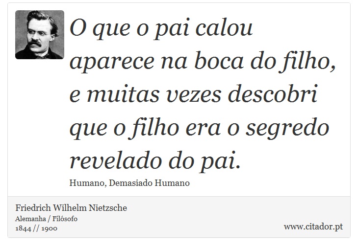 O que o pai calou aparece na boca do filho, e muitas vezes descobri que o filho era o segredo revelado do pai. - Friedrich Wilhelm Nietzsche - Frases