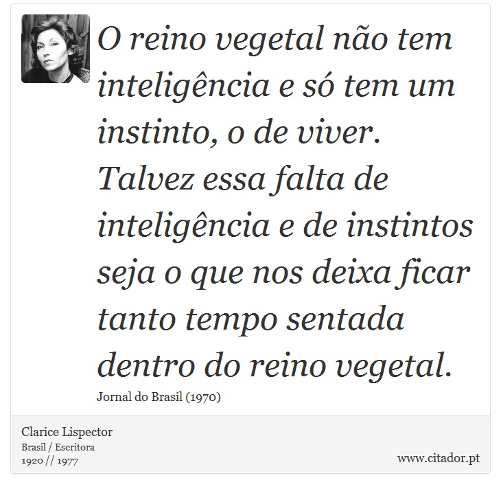 O reino vegetal não tem inteligência e só tem um instinto, o de viver. Talvez essa falta de inteligência e de instintos seja o que nos deixa ficar tanto tempo sentada dentro do reino vegetal. - Clarice Lispector - Frases
