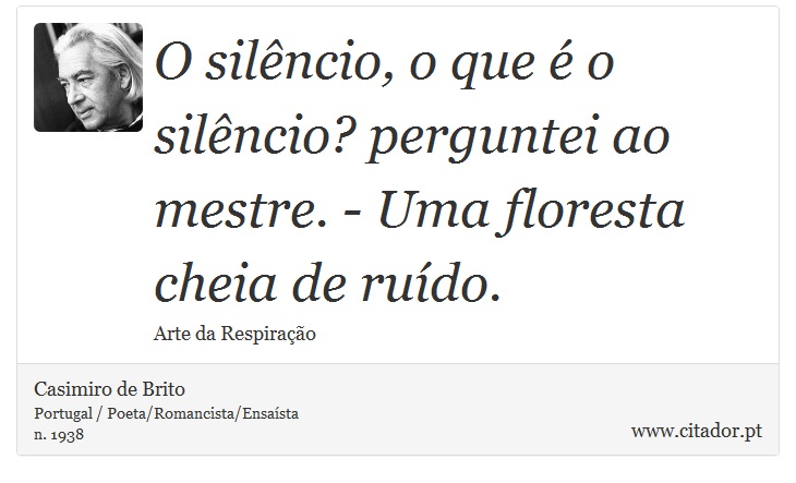 O silêncio, o que é o silêncio? perguntei ao mestre. - Uma floresta cheia de ruído. - Casimiro de Brito - Frases