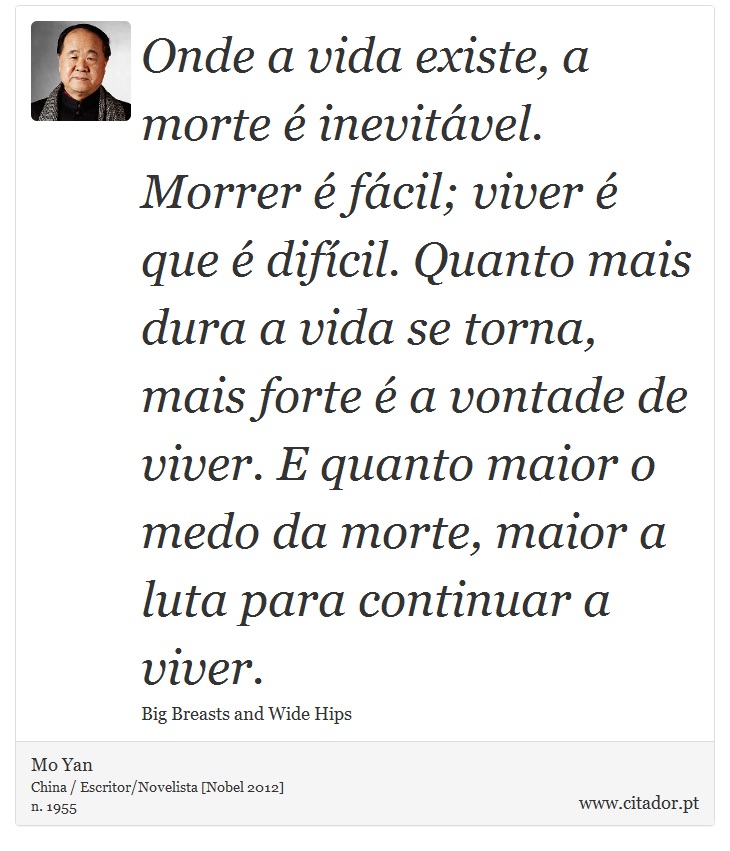 Onde a vida existe, a morte é inevitável. Morrer é fácil; viver é que é difícil. Quanto mais dura a vida se torna, mais forte é a vontade de viver. E quanto maior o medo da morte, maior a luta para continuar a viver. - Mo Yan - Frases