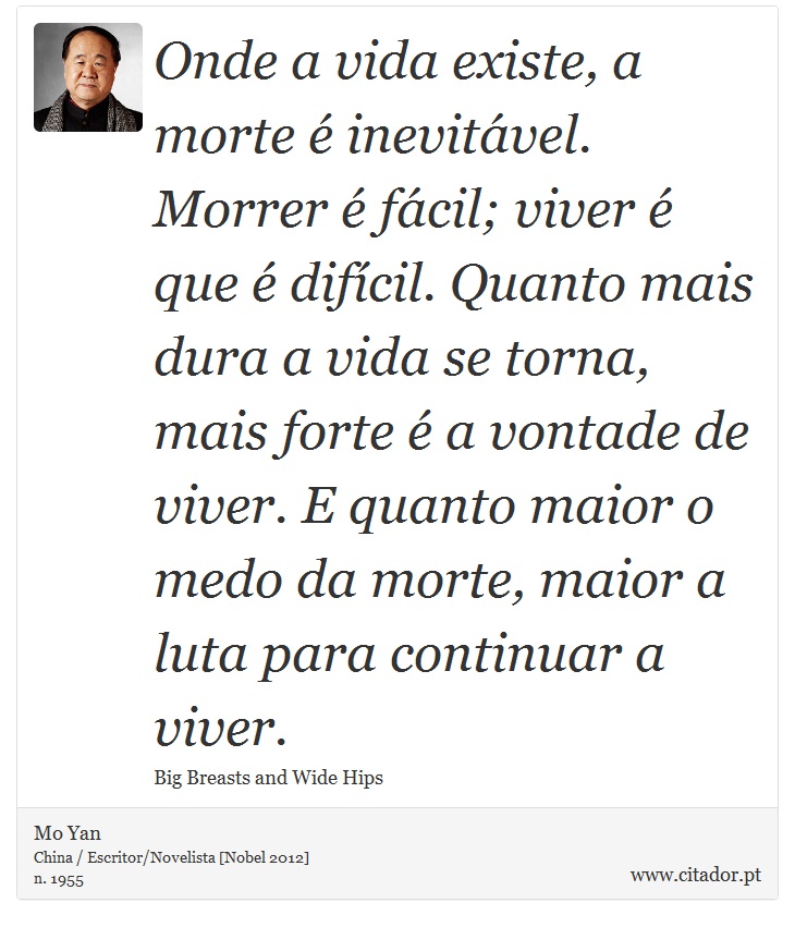 Onde a vida existe, a morte é inevitável. Morr... - Mo Yan - Frases