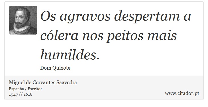 Os agravos despertam a cólera nos peitos mais humildes. - Miguel de Cervantes Saavedra - Frases