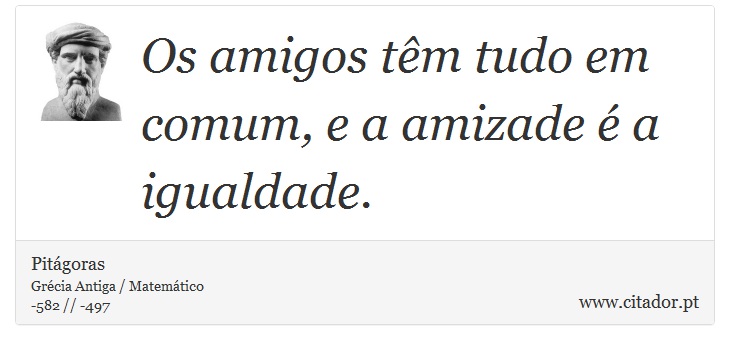 Os amigos têm tudo em comum, e a amizade é a igualdade. - Pitágoras - Frases