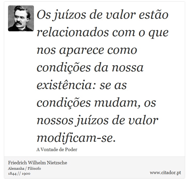Os juízos de valor estão relacionados com o que nos aparece como condições da nossa existência: se as condições mudam, os nossos juízos de valor modificam-se. - Friedrich Wilhelm Nietzsche - Frases