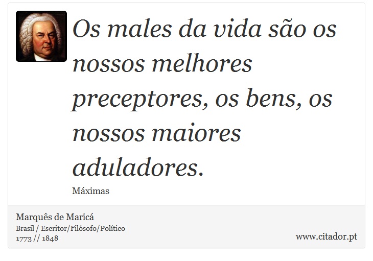 Os males da vida são os nossos melhores preceptores, os bens, os nossos maiores aduladores. - Marquês de Maricá - Frases