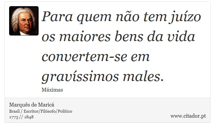 Para quem não tem juízo os maiores bens da vida convertem-se em gravíssimos males. - Marquês de Maricá - Frases