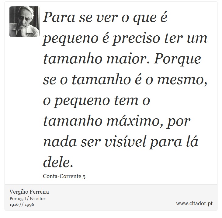 Para se ver o que é pequeno é preciso ter um tamanho maior. Porque se o tamanho é o mesmo, o pequeno tem o tamanho máximo, por nada ser visível para lá dele. - Vergílio Ferreira - Frases