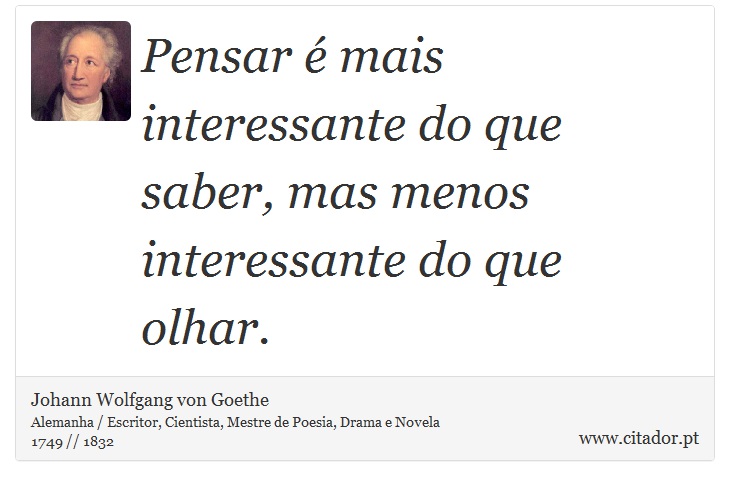 Pensar é mais interessante do que saber, mas menos interessante do que olhar. - Johann Wolfgang von Goethe - Frases