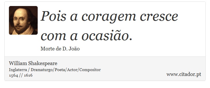 Pois a coragem cresce com a ocasião. - William Shakespeare - Frases