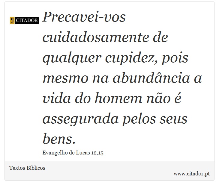 Precavei-vos cuidadosamente de qualquer cupidez, pois mesmo na abundância a vida do homem não é assegurada pelos seus bens. - Textos Bíblicos - Frases
