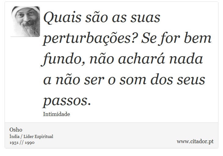 Quais são as suas perturbações? Se for bem fundo, não achará nada a não ser o som dos seus passos. - Osho - Frases