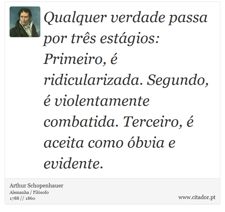 Qualquer verdade passa por três estágios: Primeiro, é ridicularizada. Segundo, é violentamente combatida. Terceiro, é aceita como óbvia e evidente. - Arthur Schopenhauer - Frases