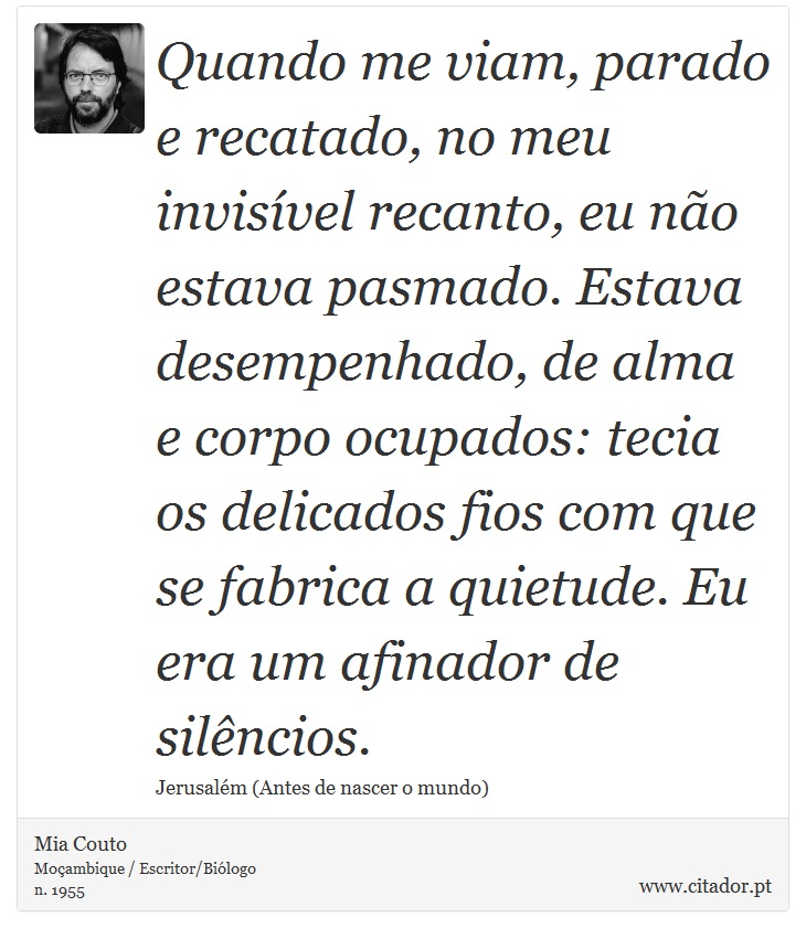Quando me viam, parado e recatado, no meu invisível recanto, eu não estava pasmado. Estava desempenhado, de alma e corpo ocupados: tecia os delicados fios com que se fabrica a quietude. Eu era um afinador de silêncios. - Mia Couto - Frases