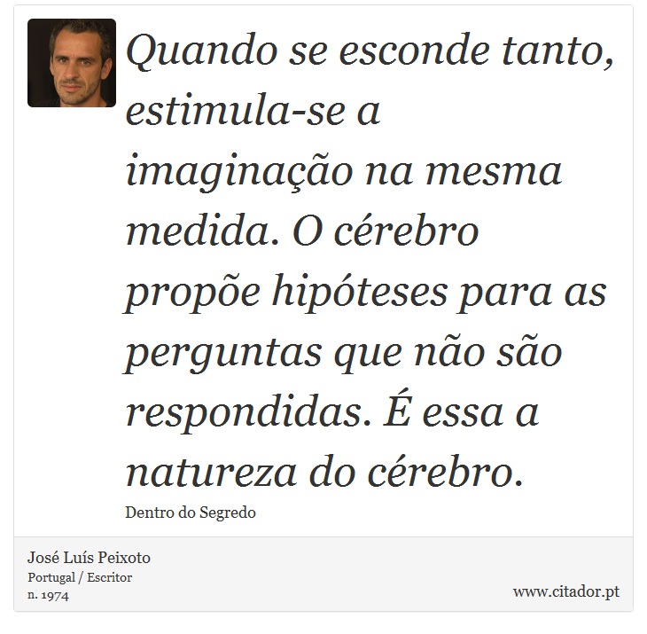 Quando se esconde tanto, estimula-se a imaginação na mesma medida. O cérebro propõe hipóteses para as perguntas que não são respondidas. É essa a natureza do cérebro. - José Luís Peixoto - Frases
