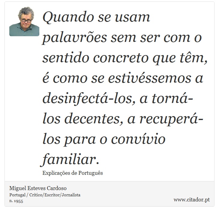 Quando se usam palavrões sem ser com o sentido concreto que têm, é como se estivéssemos a desinfectá-los, a torná-los decentes, a recuperá-los para o convívio familiar. - Miguel Esteves Cardoso - Frases