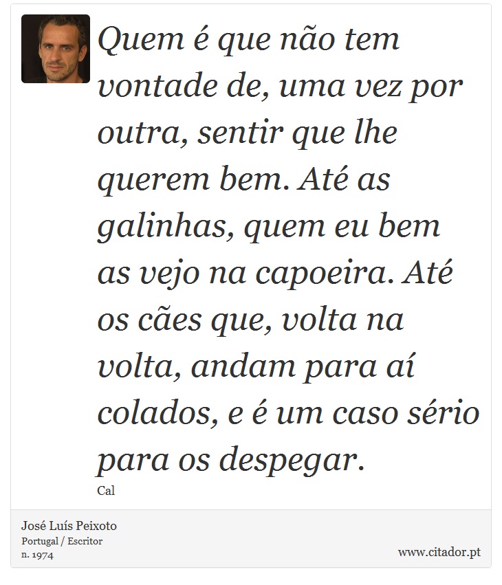 Quem é que não tem vontade de, uma vez por outra, sentir que lhe querem bem. Até as galinhas, quem eu bem as vejo na capoeira. Até os cães que, volta na volta, andam para aí colados, e é um caso sério para os despegar. - José Luís Peixoto - Frases