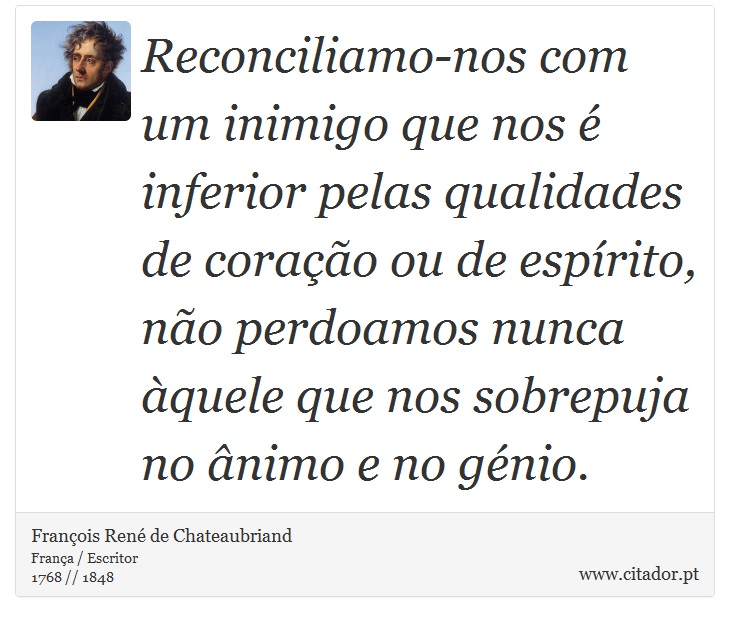 Reconciliamo-nos com um inimigo que nos é inferior pelas qualidades de coração ou de espírito, não perdoamos nunca àquele que nos sobrepuja no ânimo e no génio. - François René de Chateaubriand - Frases
