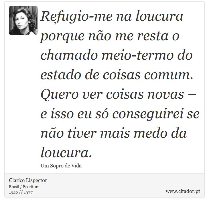 Refugio-me na loucura porque não me resta o chamado meio-termo do estado de coisas comum. Quero ver coisas novas – e isso eu só conseguirei se não tiver mais medo da loucura. - Clarice Lispector - Frases