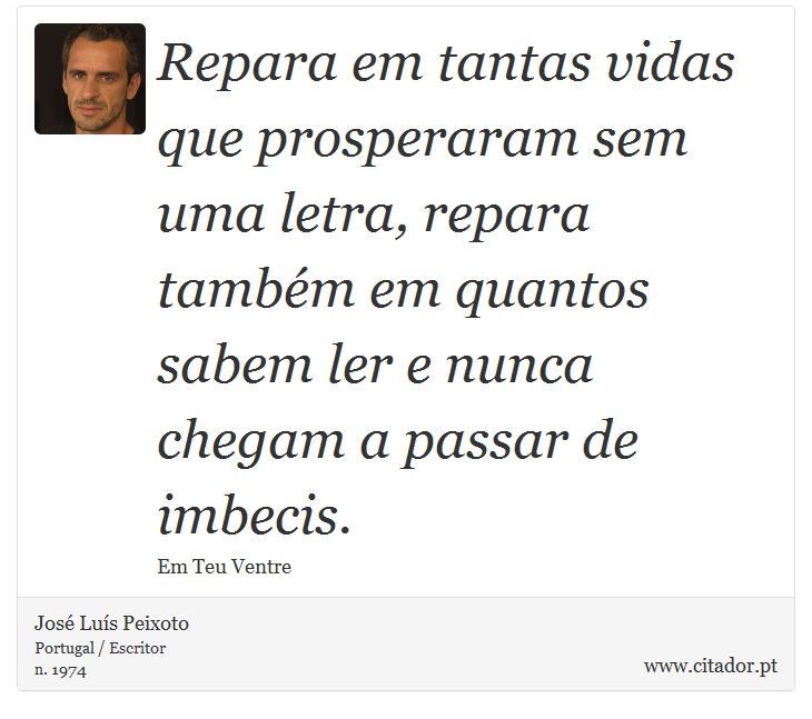 Repara em tantas vidas que prosperaram sem uma letra, repara também em quantos sabem ler e nunca chegam a passar de imbecis. - José Luís Peixoto - Frases