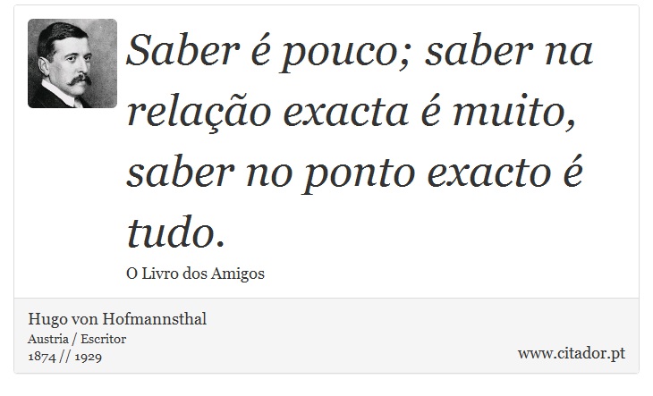 Saber é pouco; saber na relação exacta é muito, saber no ponto exacto é tudo. - Hugo von Hofmannsthal - Frases