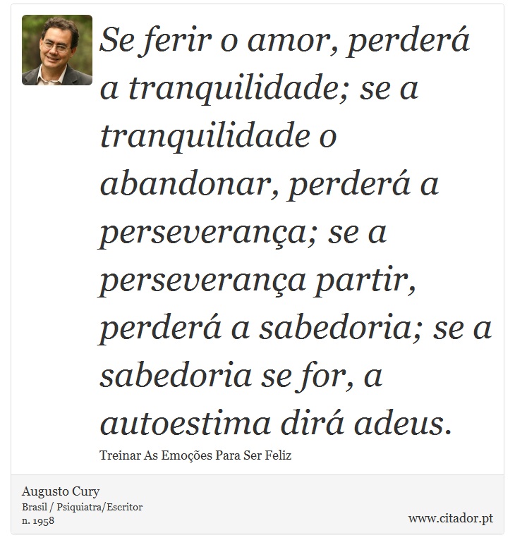 Se ferir o amor, perderá a tranquilidade; se a tranquilidade o abandonar, perderá a perseverança; se a perseverança partir, perderá a sabedoria; se a sabedoria se for, a autoestima dirá adeus. - Augusto Cury - Frases