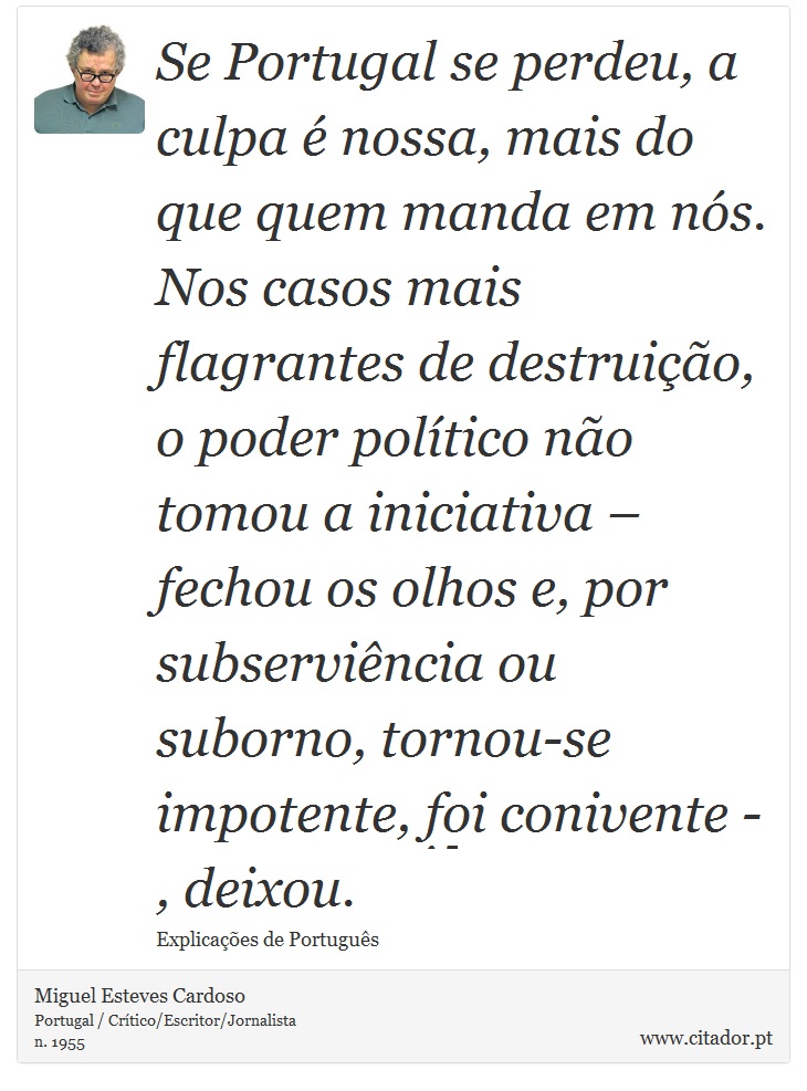 Se Portugal se perdeu, a culpa é nossa, mais do que quem manda em nós. Nos casos mais flagrantes de destruição, o poder político não tomou a iniciativa – fechou os olhos e, por subserviência ou suborno, tornou-se impotente, foi conivente -, deixou. - Miguel Esteves Cardoso - Frases