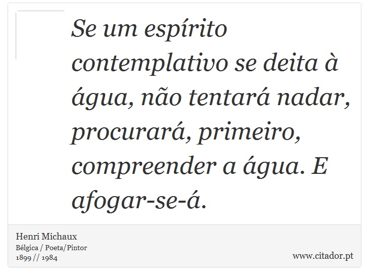 Se um espírito contemplativo se deita à água, não tentará nadar, procurará, primeiro, compreender a água. E afogar-se-á. - Henri Michaux - Frases
