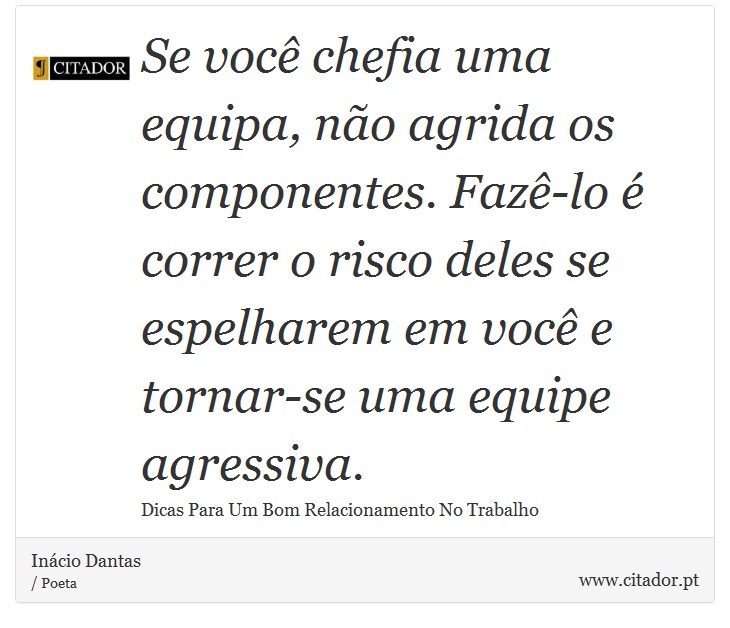 Se você chefia uma equipa, não agrida os componentes. Fazê-lo é correr o risco deles se espelharem em você e tornar-se uma equipe agressiva. - Inácio Dantas - Frases