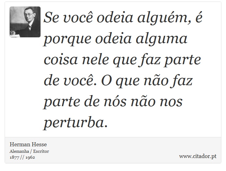 Se você odeia alguém, é porque odeia alguma coisa nele que faz parte de você. O que não faz parte de nós não nos perturba. - Herman Hesse - Frases