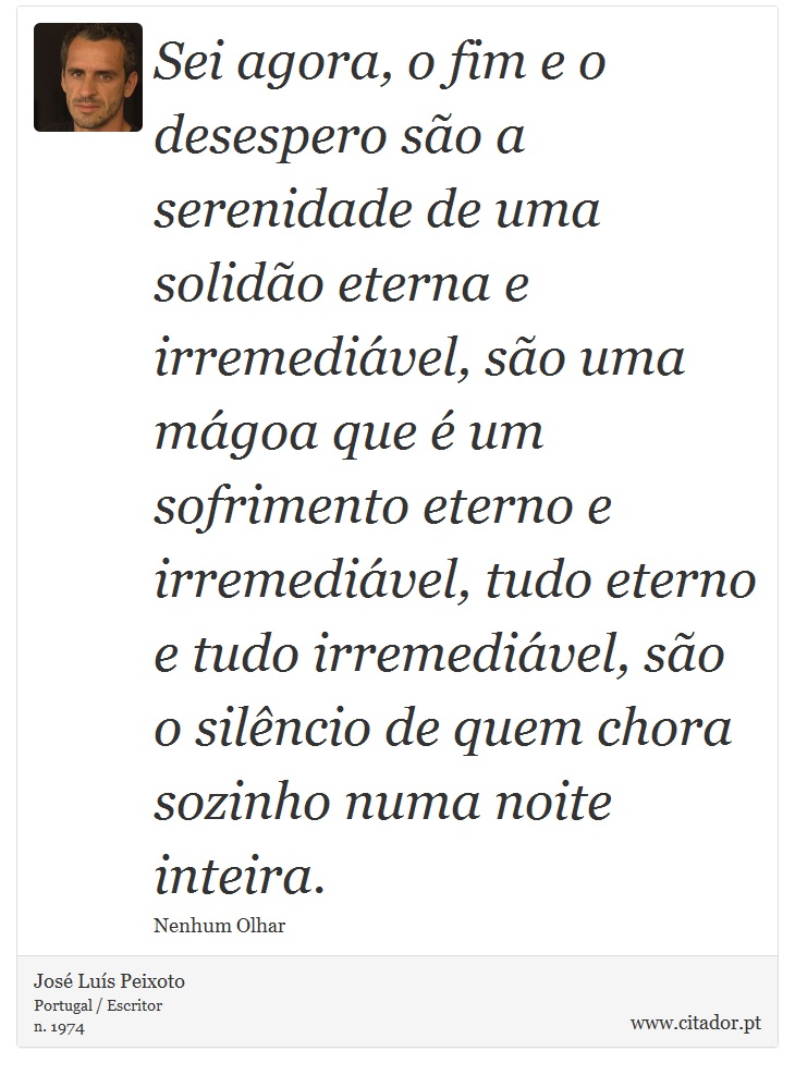 Sei agora, o fim e o desespero são a serenidade de uma solidão eterna e irremediável, são uma mágoa que é um sofrimento eterno e irremediável, tudo eterno e tudo irremediável, são o silêncio de quem chora sozinho numa noite inteira. - José Luís Peixoto - Frases