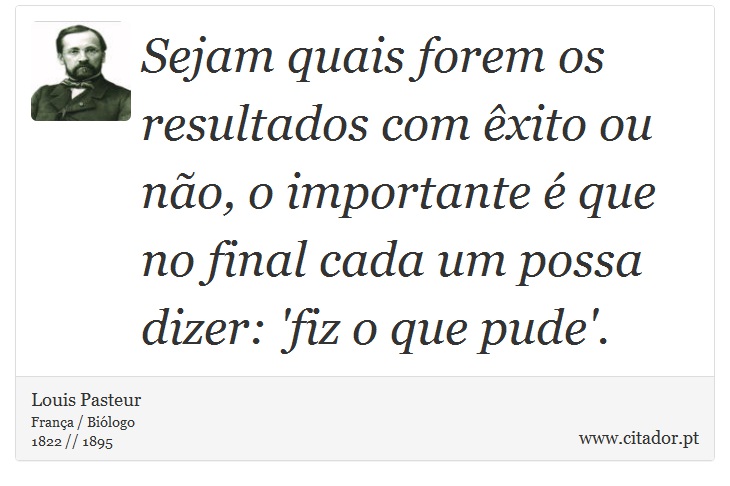 Sejam quais forem os resultados com êxito ou não, o importante é que no final cada um possa dizer: 'fiz o que pude'. - Louis Pasteur - Frases
