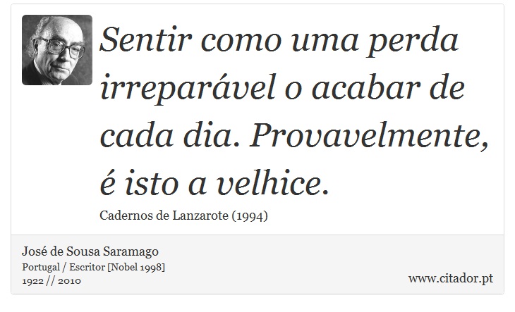 Sentir como uma perda irreparável o acabar de cada dia. Provavelmente, é isto a velhice. - José Saramago - Frases