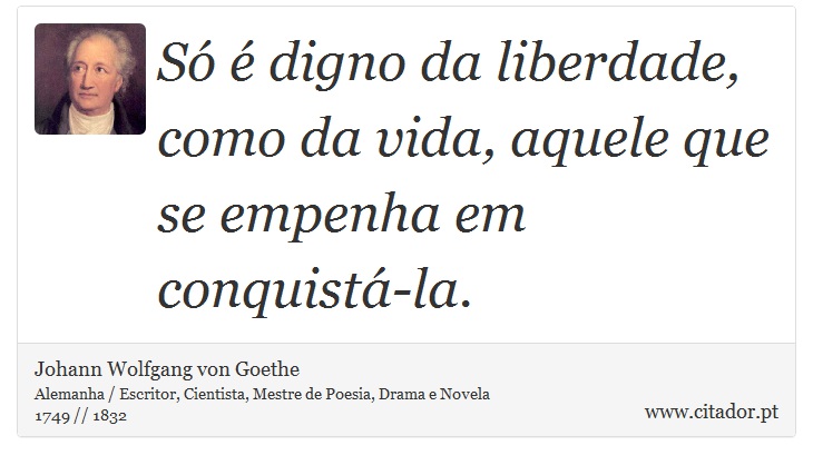 Só é digno da liberdade, como da vida, aquele que se empenha em conquistá-la. - Johann Wolfgang von Goethe - Frases