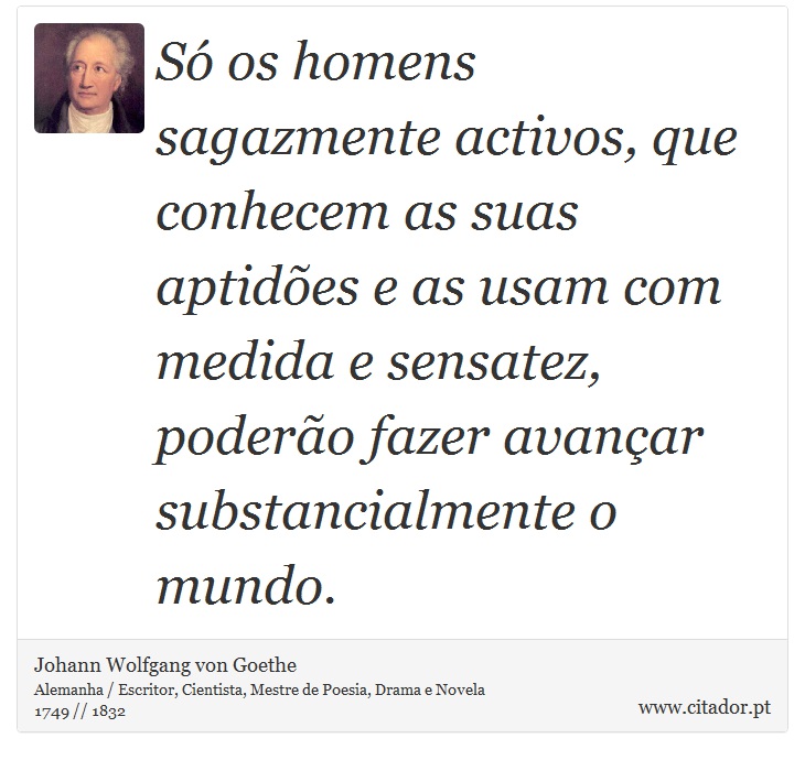 Só os homens sagazmente activos, que conhecem as suas aptidões e as usam com medida e sensatez, poderão fazer avançar substancialmente o mundo. - Johann Wolfgang von Goethe - Frases