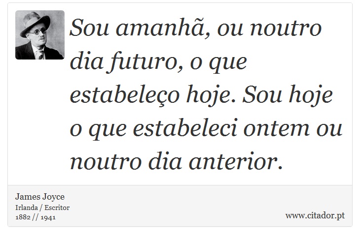 Sou amanhã, ou noutro dia futuro, o que estabeleço hoje. Sou hoje o que estabeleci ontem ou noutro dia anterior. - James Joyce - Frases