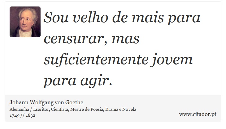 Sou velho de mais para censurar, mas suficientemente jovem para agir. - Johann Wolfgang von Goethe - Frases