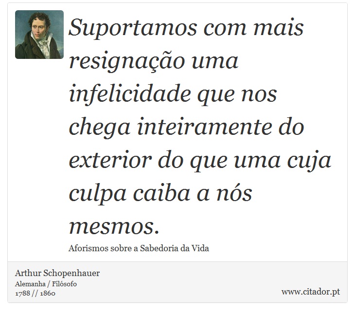 Suportamos com mais resignação uma infelicidade que nos chega inteiramente do exterior do que uma cuja culpa caiba a nós mesmos. - Arthur Schopenhauer - Frases