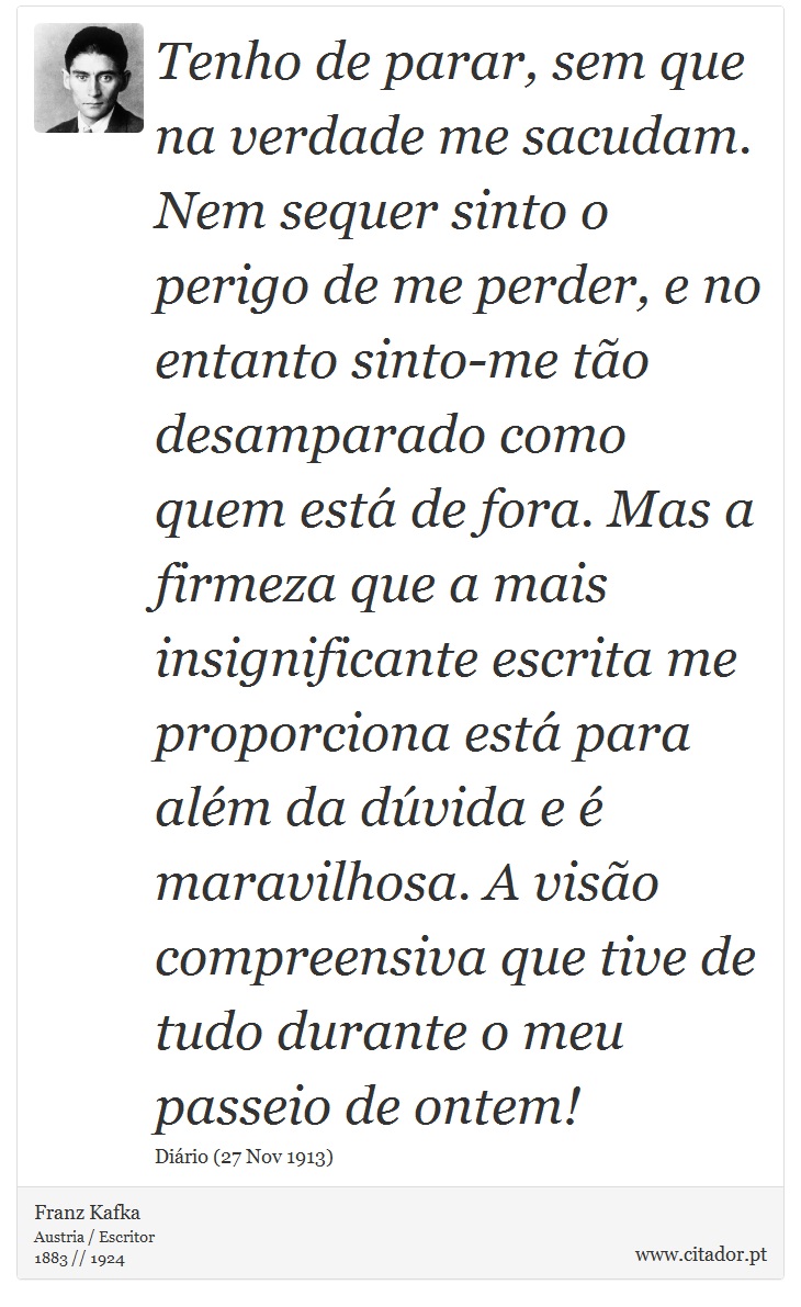 Tenho de parar, sem que na verdade me sacudam. Nem sequer sinto o perigo de me perder, e no entanto sinto-me tão desamparado como quem está de fora. Mas a firmeza que a mais insignificante escrita me proporciona está para além da dúvida e é maravilhosa. A visão compreensiva que tive de tudo durante o meu passeio de ontem! - Franz Kafka - Frases