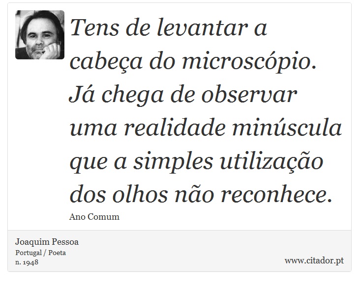 Tens de levantar a cabeça do microscópio. Já chega de observar uma realidade minúscula que a simples utilização dos olhos não reconhece. - Joaquim Pessoa - Frases