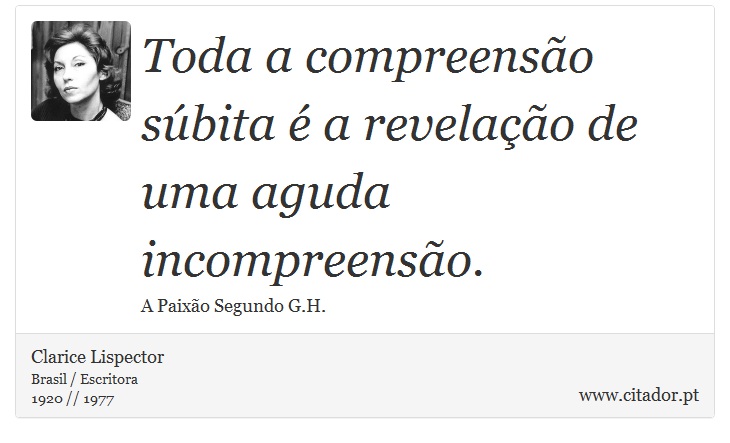 Toda a compreensão súbita é a revelação de uma aguda incompreensão. - Clarice Lispector - Frases