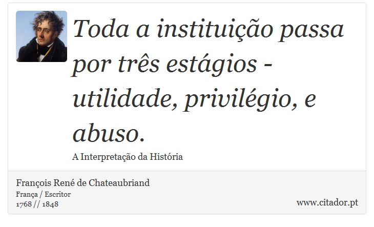 Toda a instituição passa por três estágios - utilidade, privilégio, e abuso. - François René de Chateaubriand - Frases
