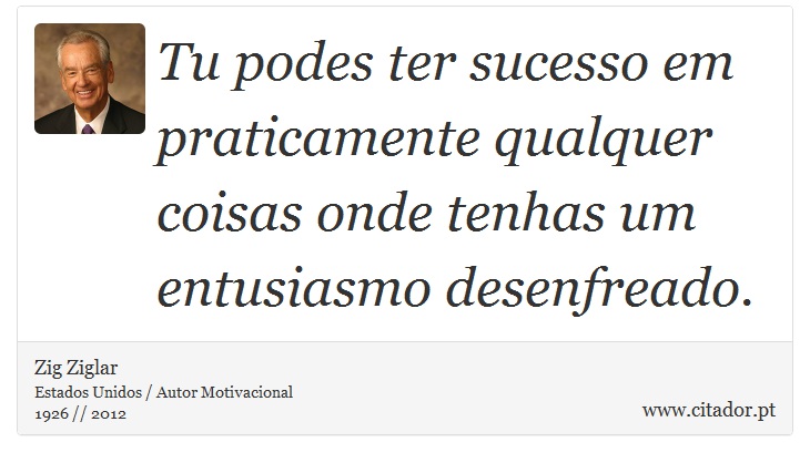 Tu podes ter sucesso em praticamente qualquer coisas onde tenhas um entusiasmo desenfreado. - Zig Ziglar - Frases