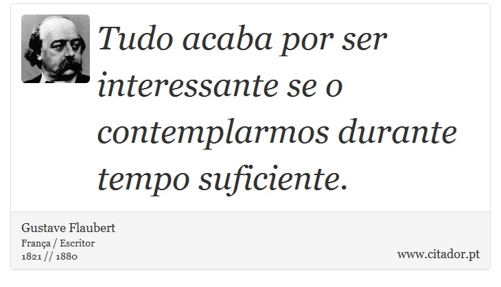 Tudo acaba por ser interessante se o contemplarmos durante tempo suficiente. - Gustave Flaubert - Frases