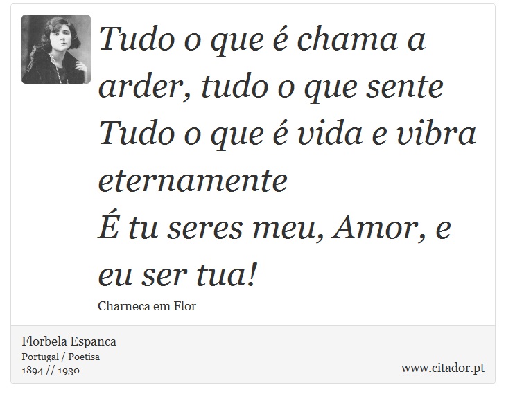 Tudo o que é chama a arder, tudo o que sente <br />
 Tudo o que é vida e vibra eternamente <br />
 É tu seres meu, Amor, e eu ser tua! - Florbela Espanca - Frases