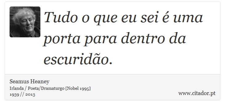 Tudo o que eu sei é uma porta para dentro da escuridão. - Seamus Heaney - Frases