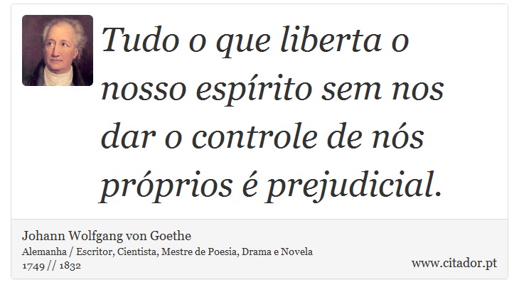 Tudo o que liberta o nosso espírito sem nos dar o controle de nós próprios é prejudicial. - Johann Wolfgang von Goethe - Frases