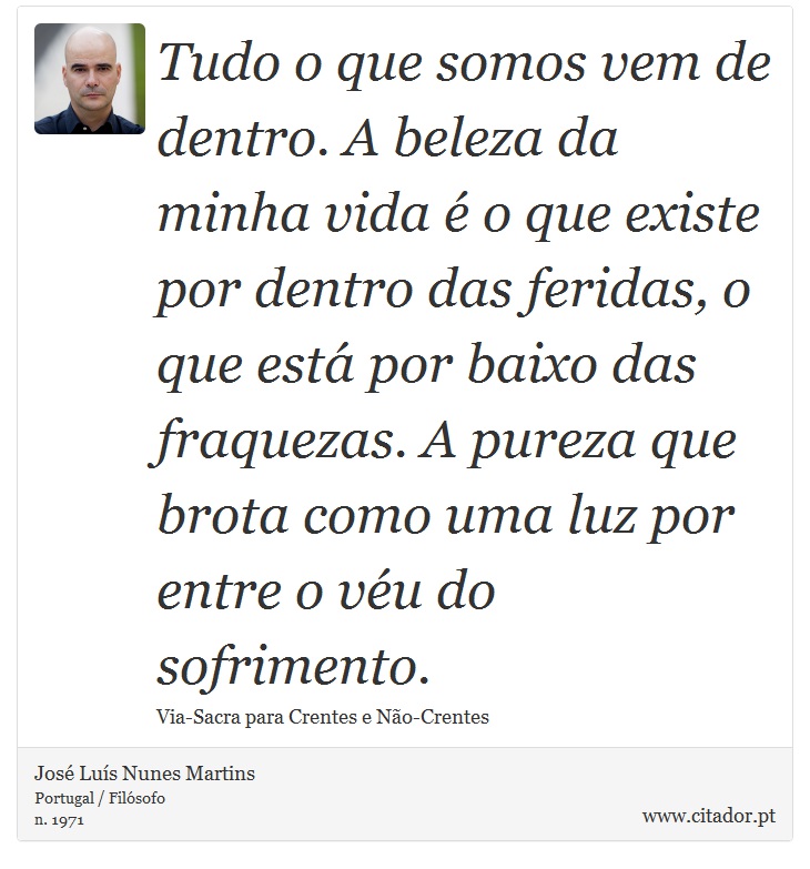 Tudo o que somos vem de dentro. A beleza da minha vida é o que existe por dentro das feridas, o que está por baixo das fraquezas. A pureza que brota como uma luz por entre o véu do sofrimento. - José Luís Nunes Martins - Frases