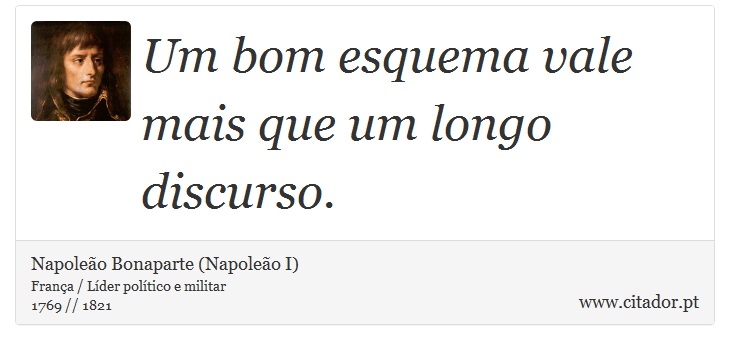Um bom esquema vale mais que um longo discurso. - Napoleão Bonaparte (Napoleão I) - Frases