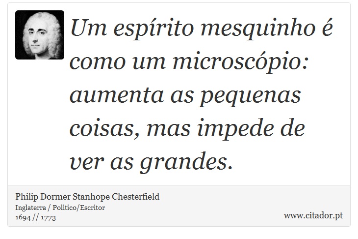 Um espírito mesquinho é como um microscópio: aumenta as pequenas coisas, mas impede de ver as grandes. - Philip Dormer Stanhope Chesterfield - Frases
